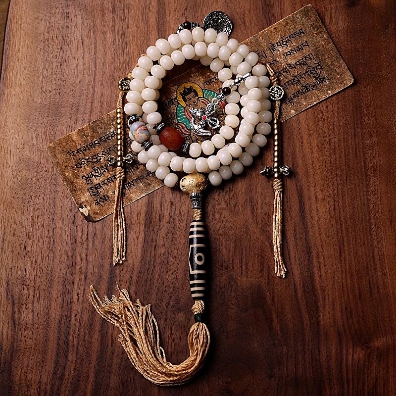 Original Tibetan White Bodhi Seed 108 Mala Beads Necklace, Natural Bodhi Root Rosary Bracelet with Dzi Bead, Zen Meditation Gift