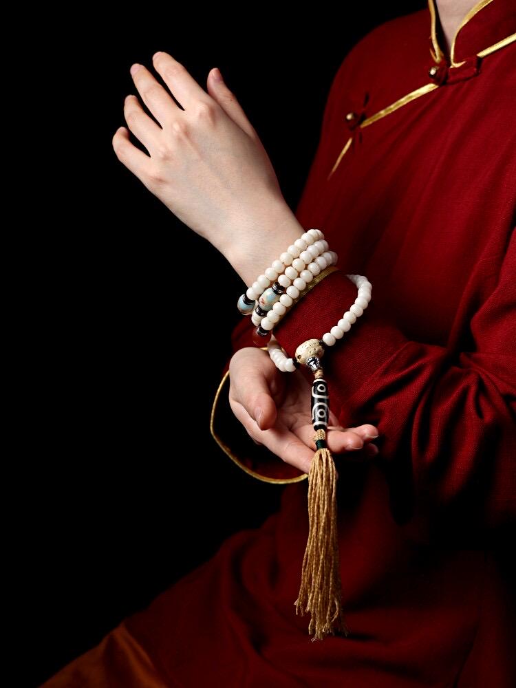 Original Tibetan White Bodhi Seed 108 Mala Beads Necklace, Natural Bodhi Root Rosary Bracelet with Dzi Bead, Zen Meditation Gift