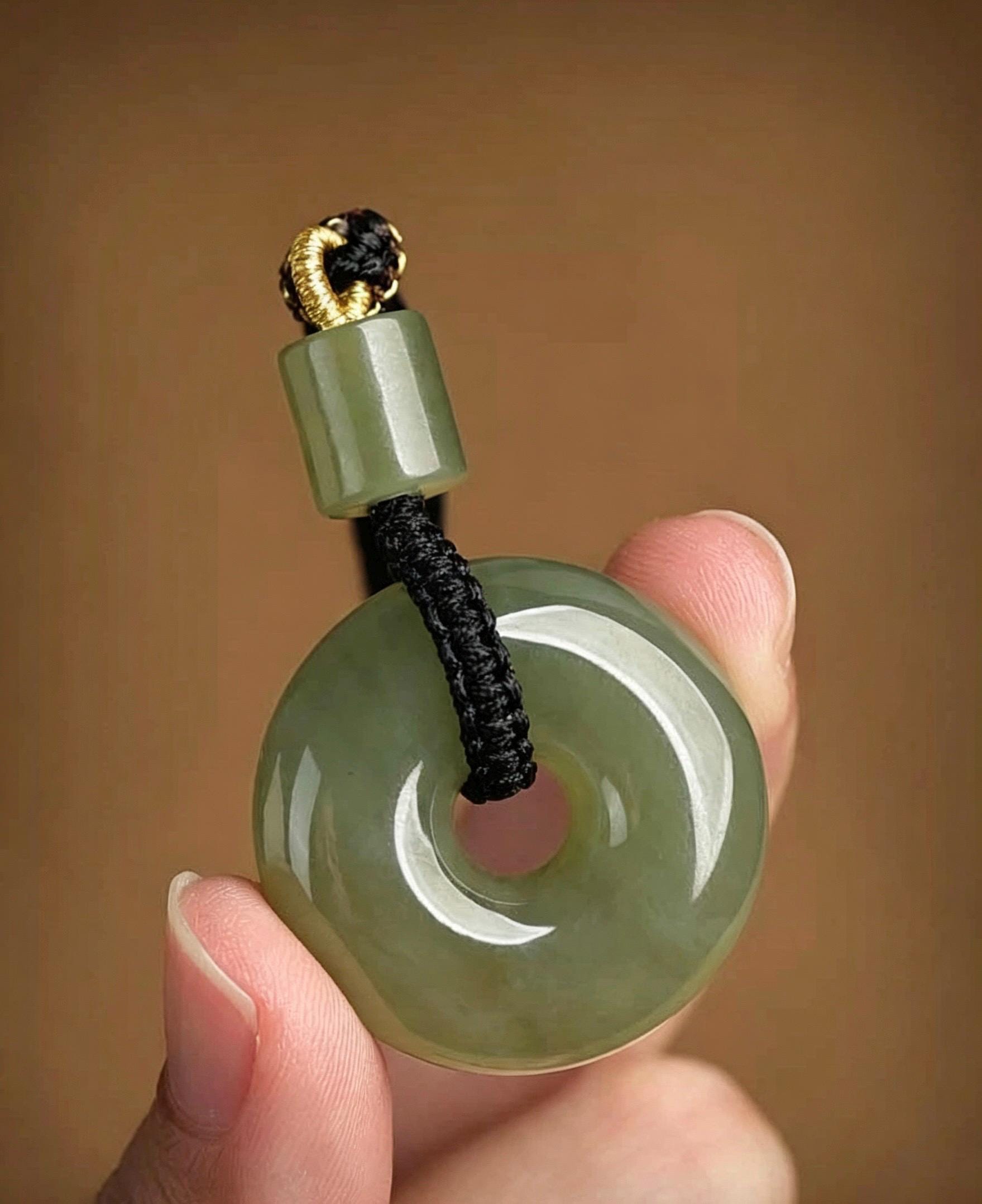 Natural Nephrite Jade Ping An Kou Pendant Necklace, Genuine Green Jade Safety Disc Charm with Barrel Bead, Asian Art Jewelry Gift