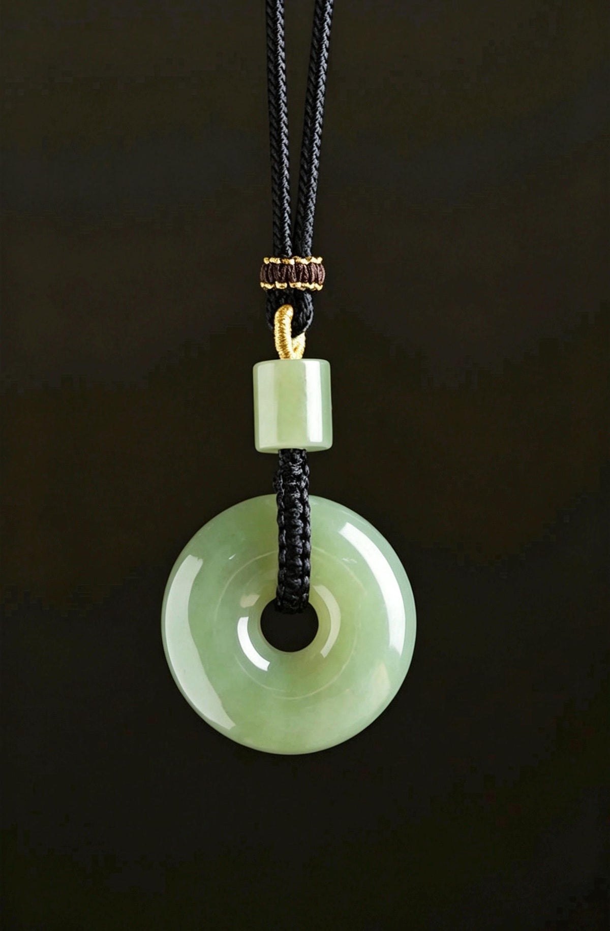 Natural Nephrite Jade Ping An Kou Pendant Necklace, Genuine Green Jade Safety Disc Charm with Barrel Bead, Asian Art Jewelry Gift