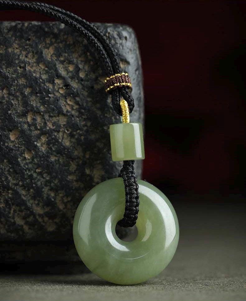 Natural Nephrite Jade Ping An Kou Pendant Necklace, Genuine Green Jade Safety Disc Charm with Barrel Bead, Asian Art Jewelry Gift