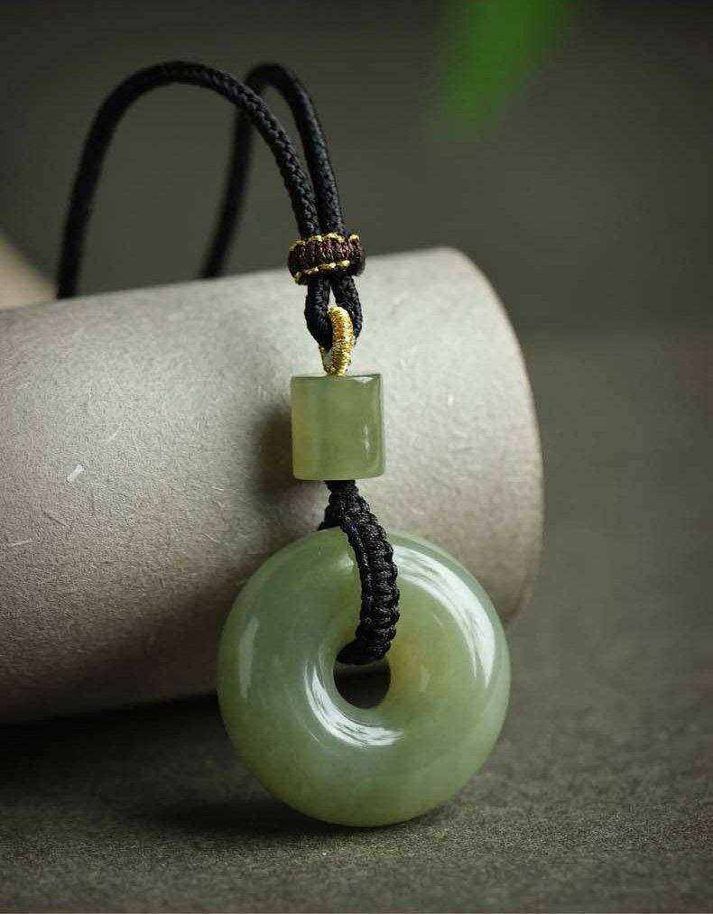 Natural Nephrite Jade Ping An Kou Pendant Necklace, Genuine Green Jade Safety Disc Charm with Barrel Bead, Asian Art Jewelry Gift