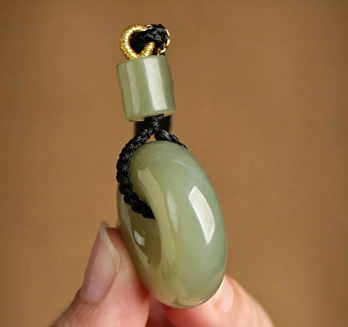 Natural Nephrite Jade Ping An Kou Pendant Necklace, Genuine Green Jade Safety Disc Charm with Barrel Bead, Asian Art Jewelry Gift