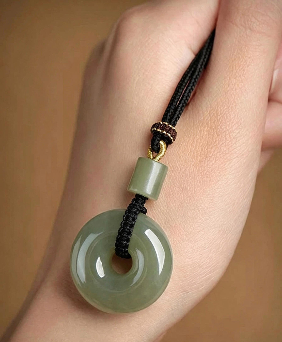 Natural Nephrite Jade Ping An Kou Pendant Necklace, Genuine Green Jade Safety Disc Charm with Barrel Bead, Asian Art Jewelry Gift