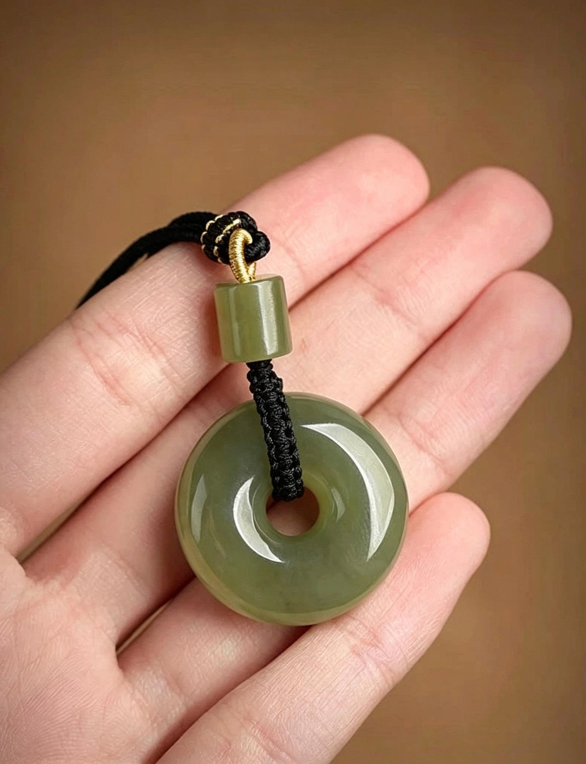 Natural Nephrite Jade Ping An Kou Pendant Necklace, Genuine Green Jade Safety Disc Charm with Barrel Bead, Asian Art Jewelry Gift