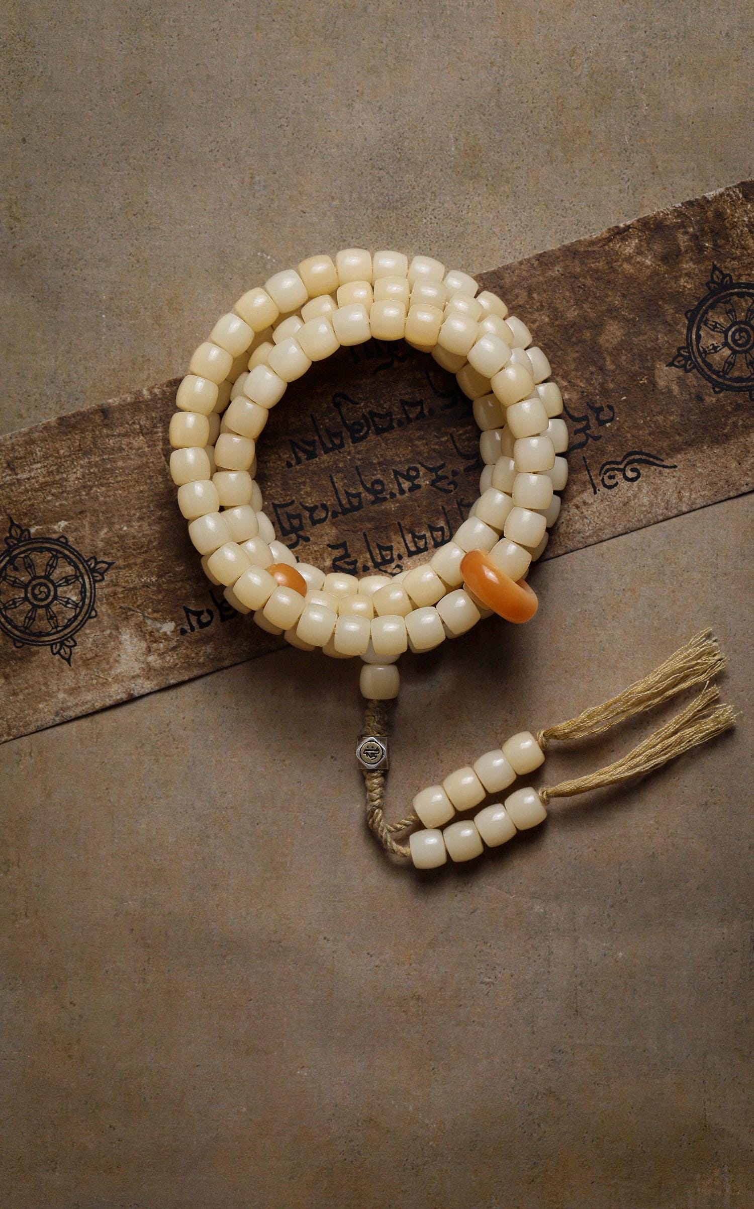 Natural White Bodhi Seed 108 Mala Beads Necklace, Aged Weathered Bodhi Root Rosary Bracelet, Zen Prayer Beads, Gift for Him Her