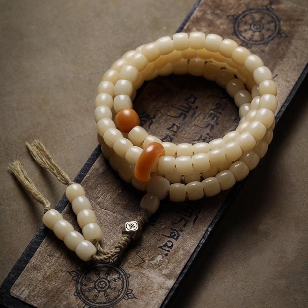 Natural White Bodhi Seed 108 Mala Beads Necklace, Aged Weathered Bodhi Root Rosary Bracelet, Zen Prayer Beads, Gift for Him Her