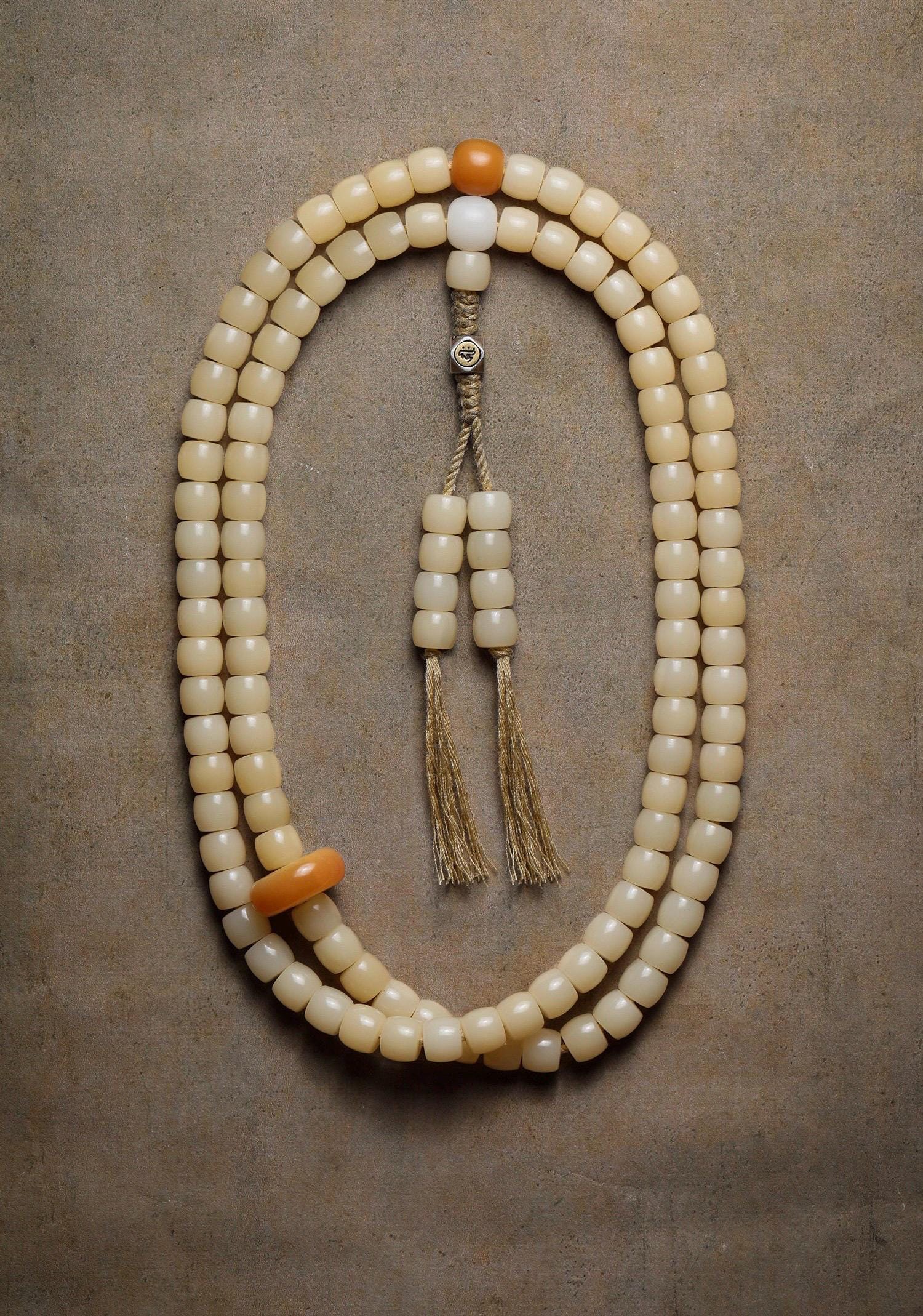 Natural White Bodhi Seed 108 Mala Beads Necklace, Aged Weathered Bodhi Root Rosary Bracelet, Zen Prayer Beads, Gift for Him Her