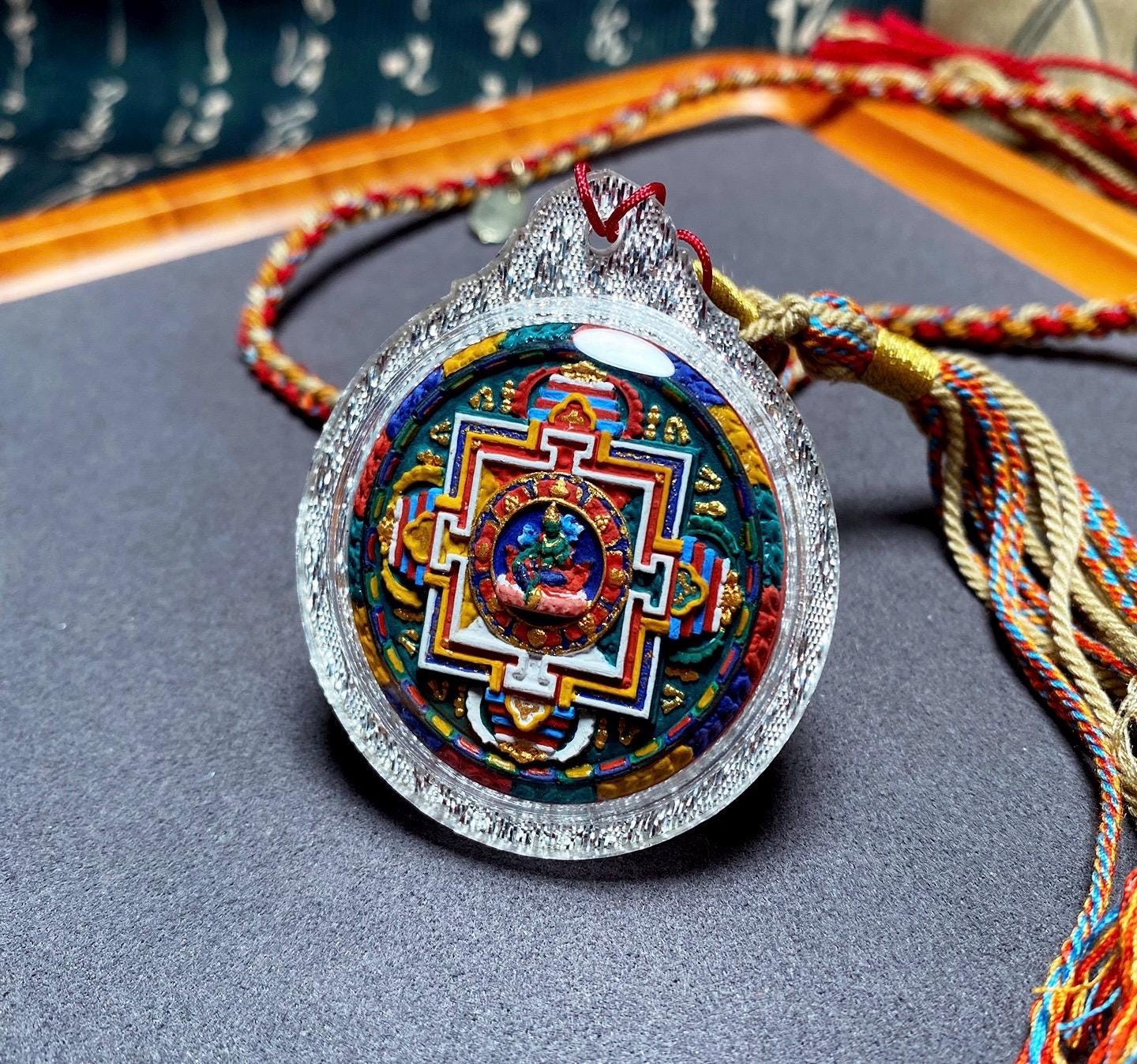 Handpainted Green Tara Mandala Gau Box Pendant, Tibetan Tsa Tsa Amulet Necklace, Sacred Buddhist Shrine Pendant