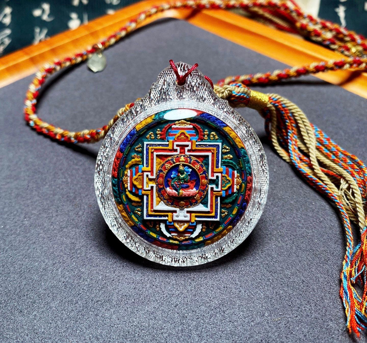 Handpainted Green Tara Mandala Gau Box Pendant, Tibetan Tsa Tsa Amulet Necklace, Sacred Buddhist Shrine Pendant