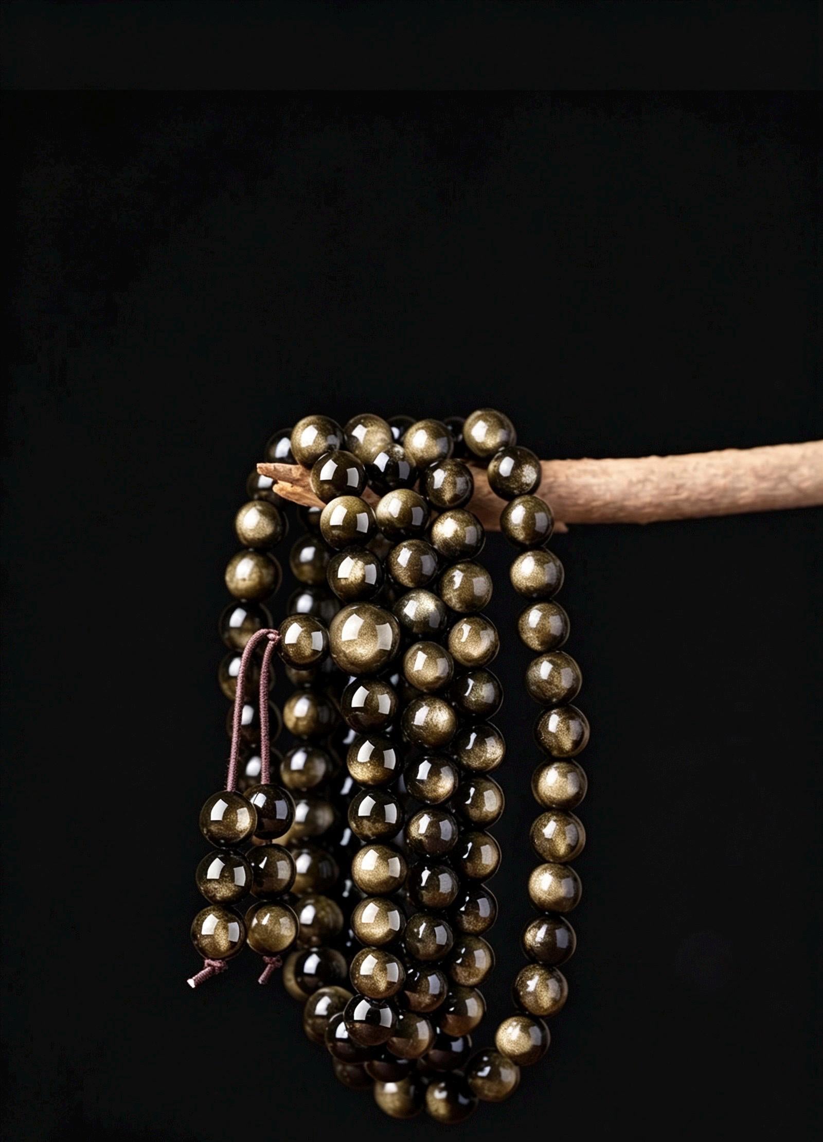 Natural Obsidian 108 Mala Beads Necklace, Gold Sheen Ice Black Obsidian Prayer Rosary Bracelet, Couples Meditation Gift 6mm 8mm 10mm