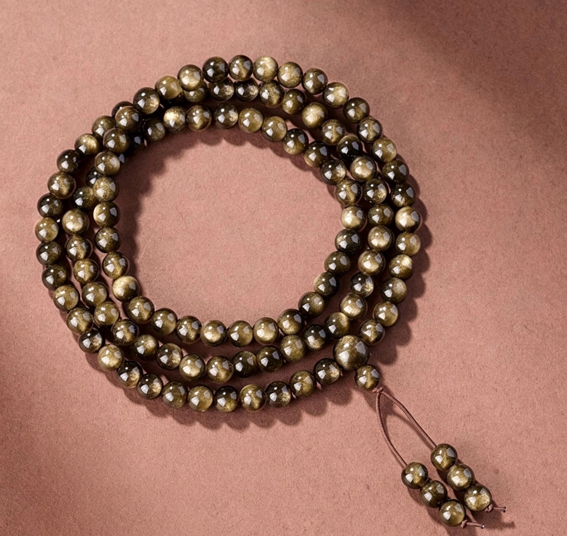 Natural Obsidian 108 Mala Beads Necklace, Gold Sheen Ice Black Obsidian Prayer Rosary Bracelet, Couples Meditation Gift 6mm 8mm 10mm
