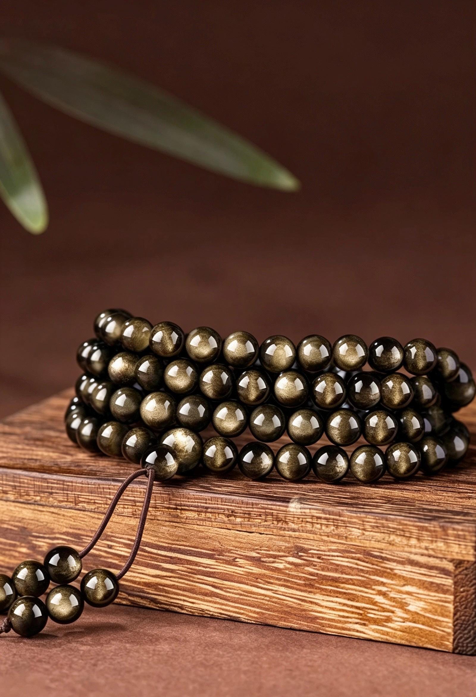 Natural Obsidian 108 Mala Beads Necklace, Gold Sheen Ice Black Obsidian Prayer Rosary Bracelet, Couples Meditation Gift 6mm 8mm 10mm