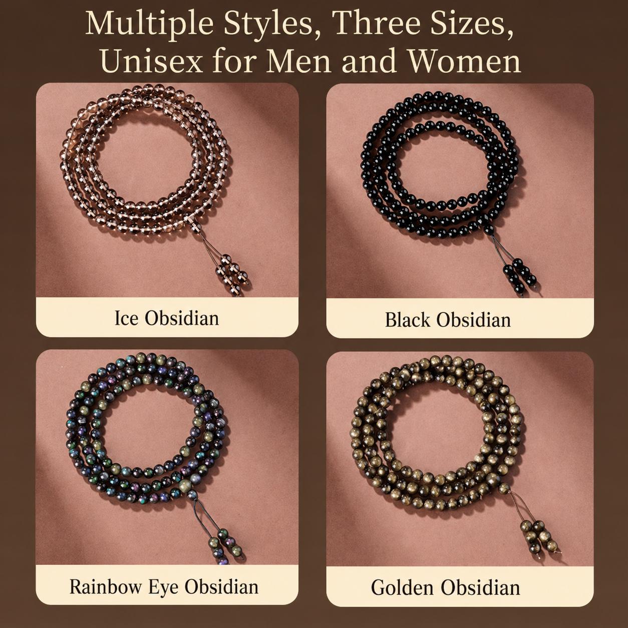 Natural Obsidian 108 Mala Beads Necklace, Gold Sheen Ice Black Obsidian Prayer Rosary Bracelet, Couples Meditation Gift 6mm 8mm 10mm
