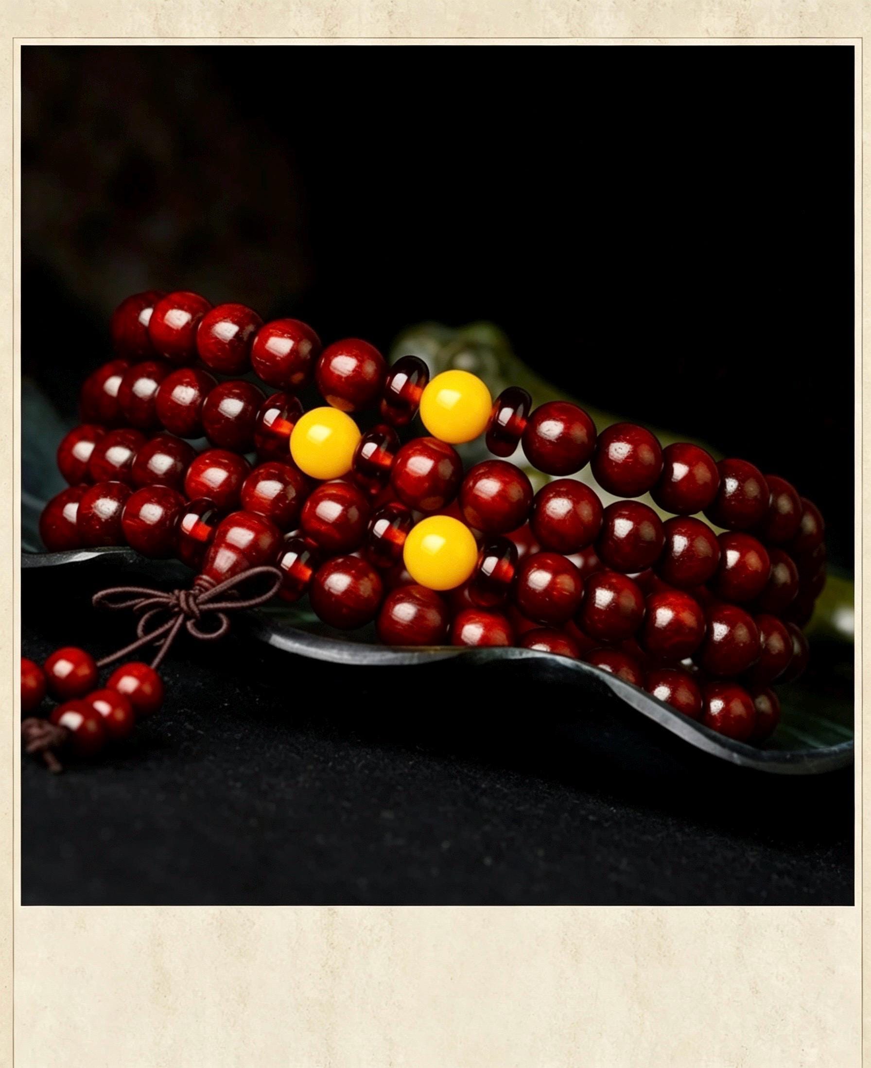 Natural Red Sandalwood 108 Mala Beads Necklace, Indian Lobular Rosewood Prayer Rosary Bracelet, Amber Jade Crystal Gift for Him Her