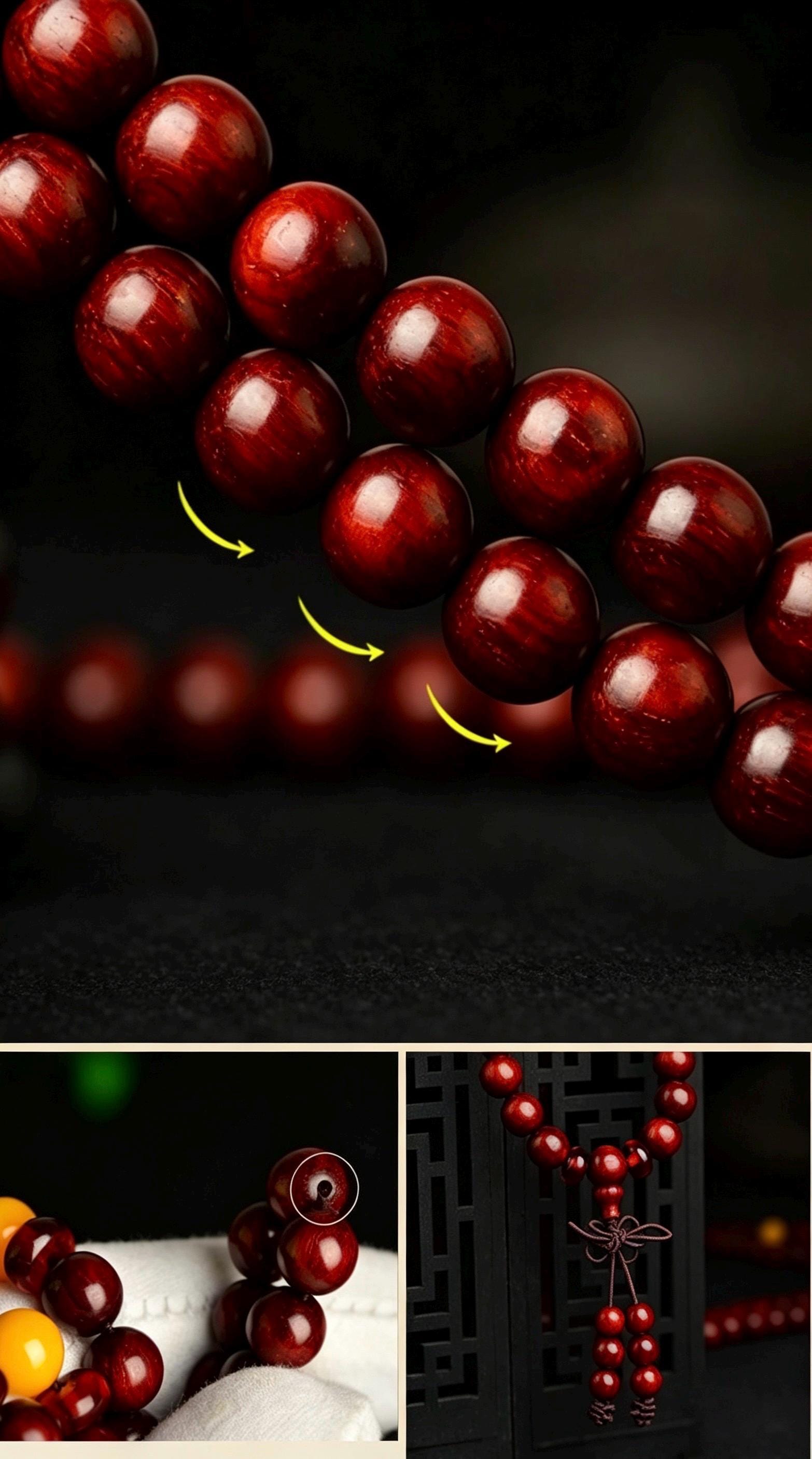 Natural Red Sandalwood 108 Mala Beads Necklace, Indian Lobular Rosewood Prayer Rosary Bracelet, Amber Jade Crystal Gift for Him Her