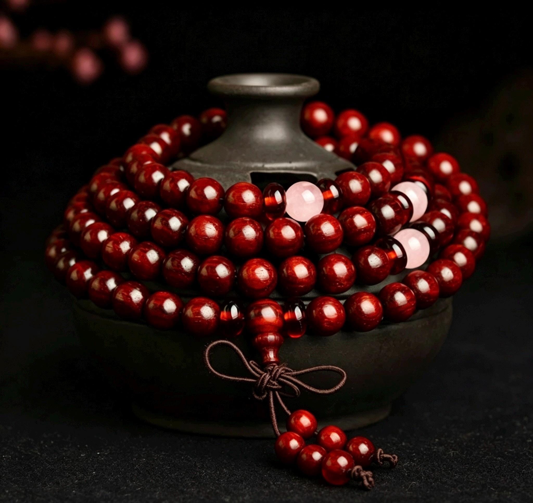 Natural Red Sandalwood 108 Mala Beads Necklace, Indian Lobular Rosewood Prayer Rosary Bracelet, Amber Jade Crystal Gift for Him Her