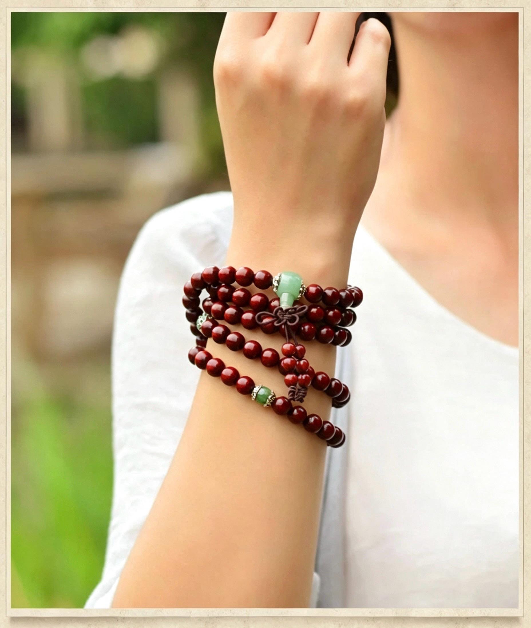 Natural Red Sandalwood 108 Mala Beads Necklace, Indian Lobular Rosewood Prayer Rosary Bracelet, Amber Jade Crystal Gift for Him Her