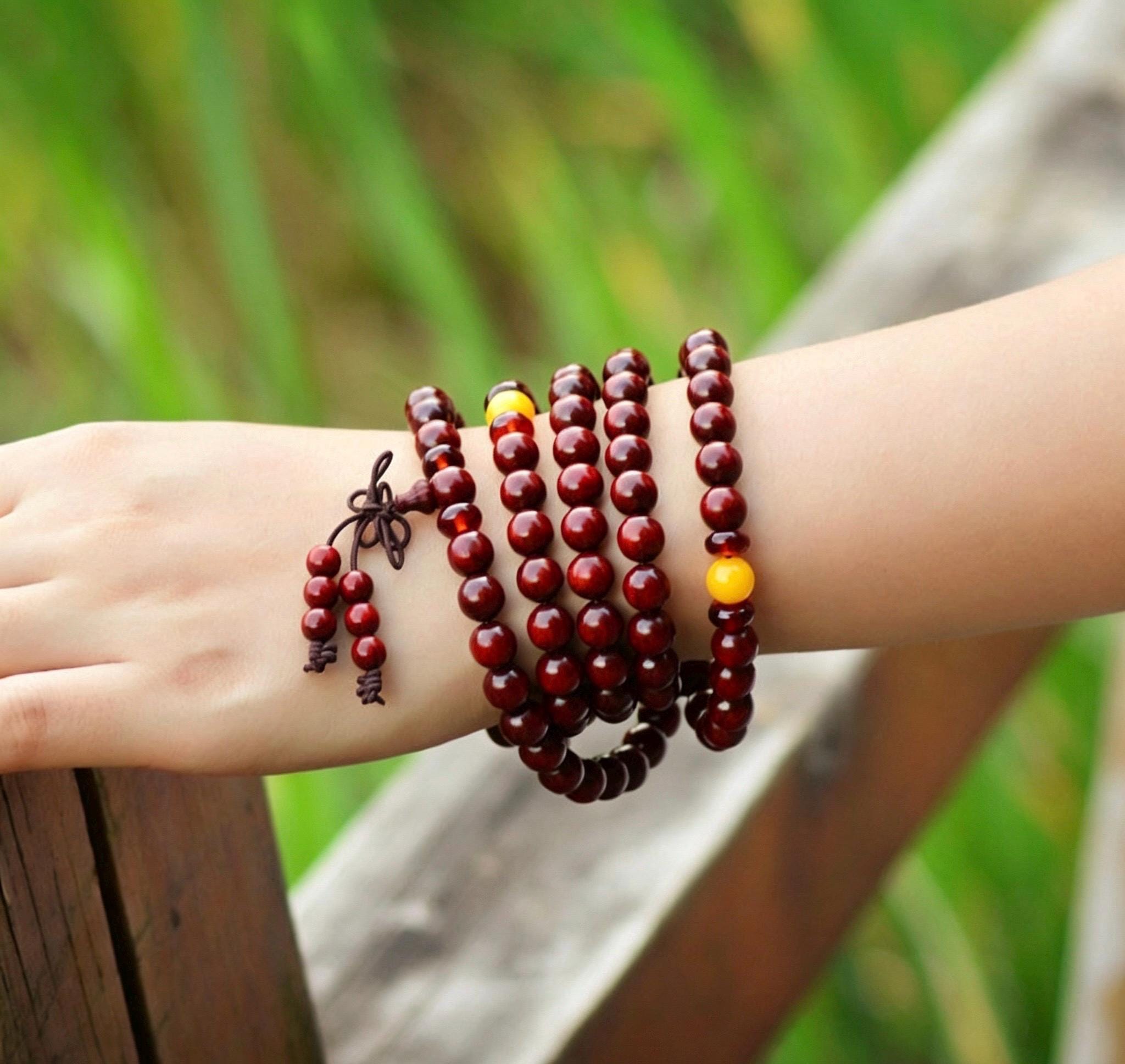 Natural Red Sandalwood 108 Mala Beads Necklace, Indian Lobular Rosewood Prayer Rosary Bracelet, Amber Jade Crystal Gift for Him Her