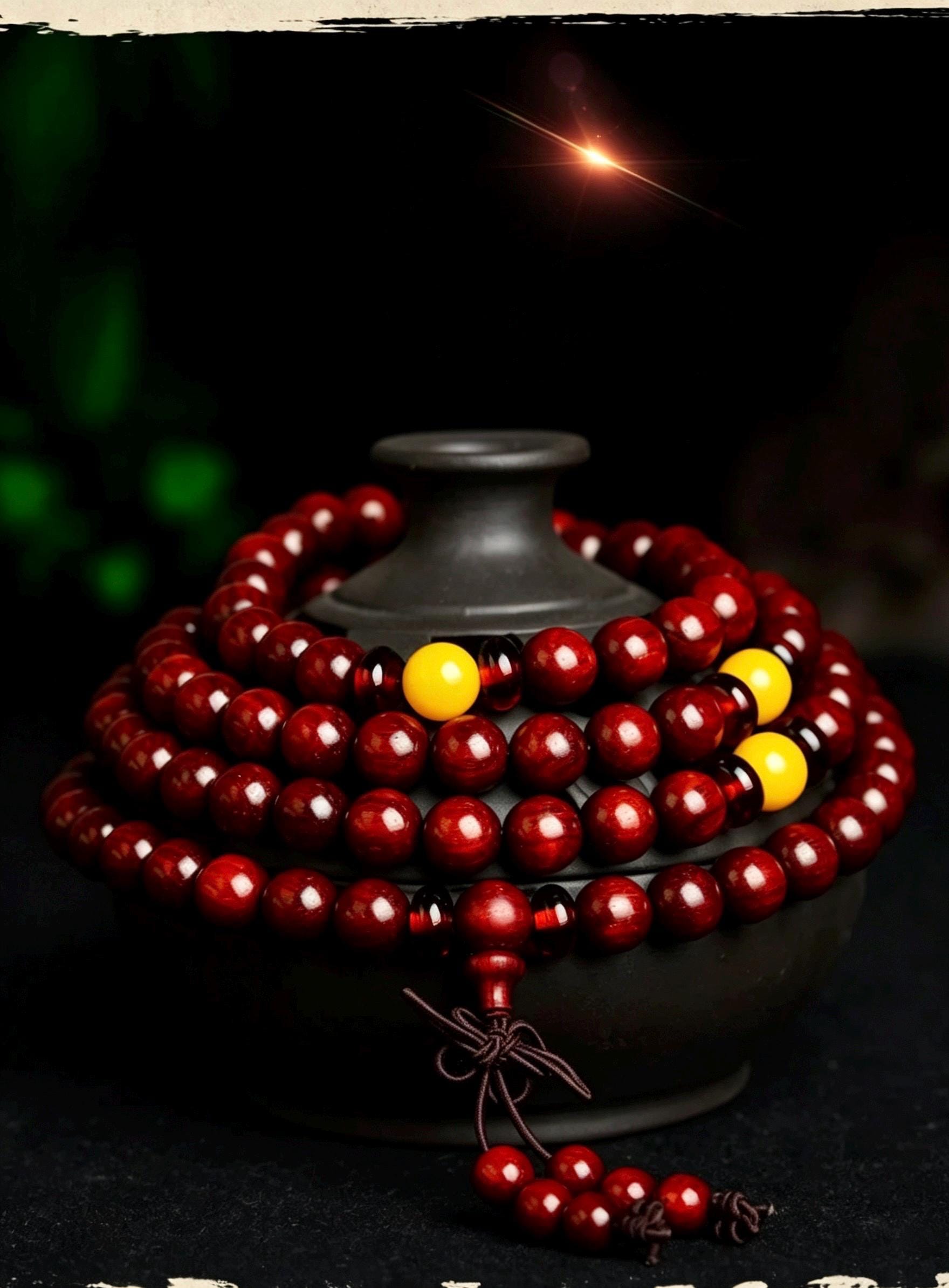 Natural Red Sandalwood 108 Mala Beads Necklace, Indian Lobular Rosewood Prayer Rosary Bracelet, Amber Jade Crystal Gift for Him Her
