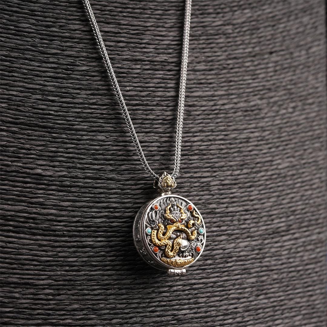 Handcrafted S925 Silver Brass Garuda Gau Box Pendant Openable Locket Turquoise Agate Tibetan Necklace Charm Gift for Him Her