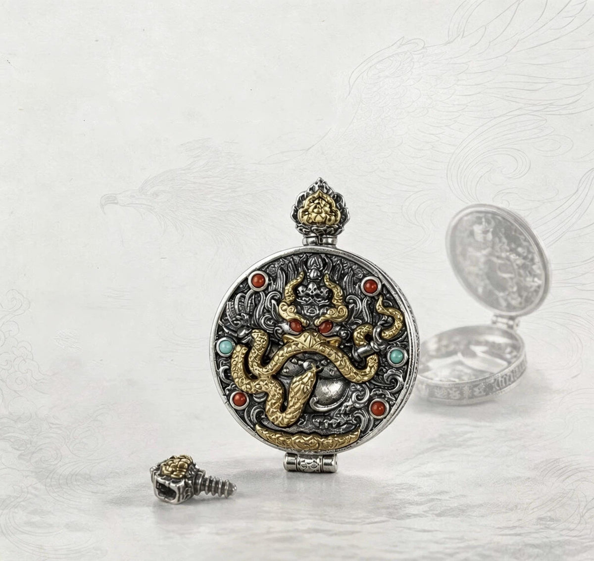 Handcrafted S925 Silver Brass Garuda Gau Box Pendant Openable Locket Turquoise Agate Tibetan Necklace Charm Gift for Him Her