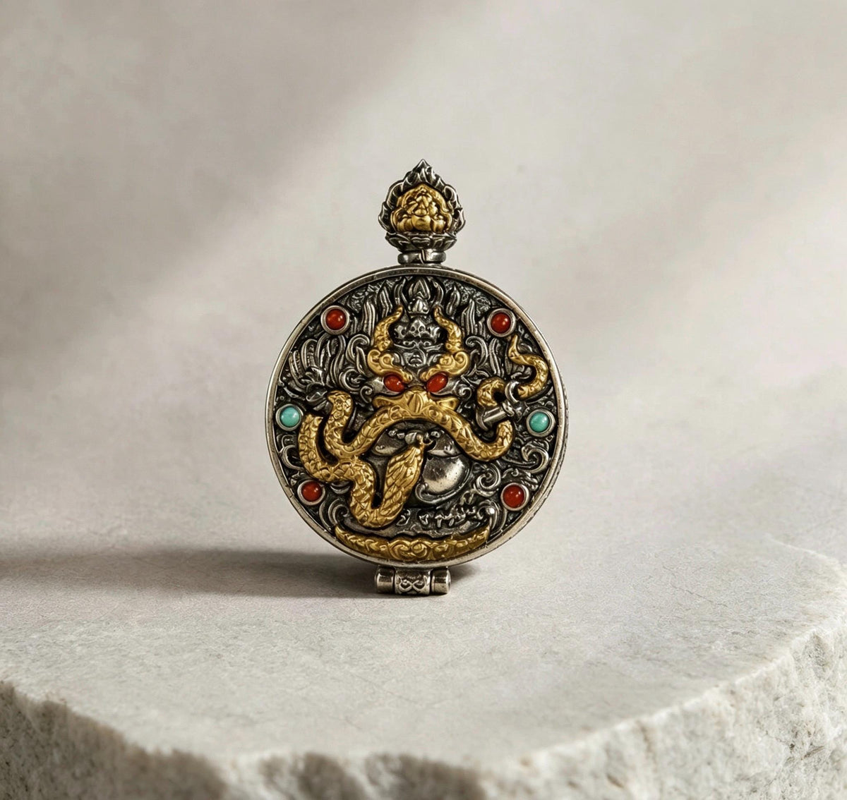Handcrafted S925 Silver Brass Garuda Gau Box Pendant Openable Locket Turquoise Agate Tibetan Necklace Charm Gift for Him Her