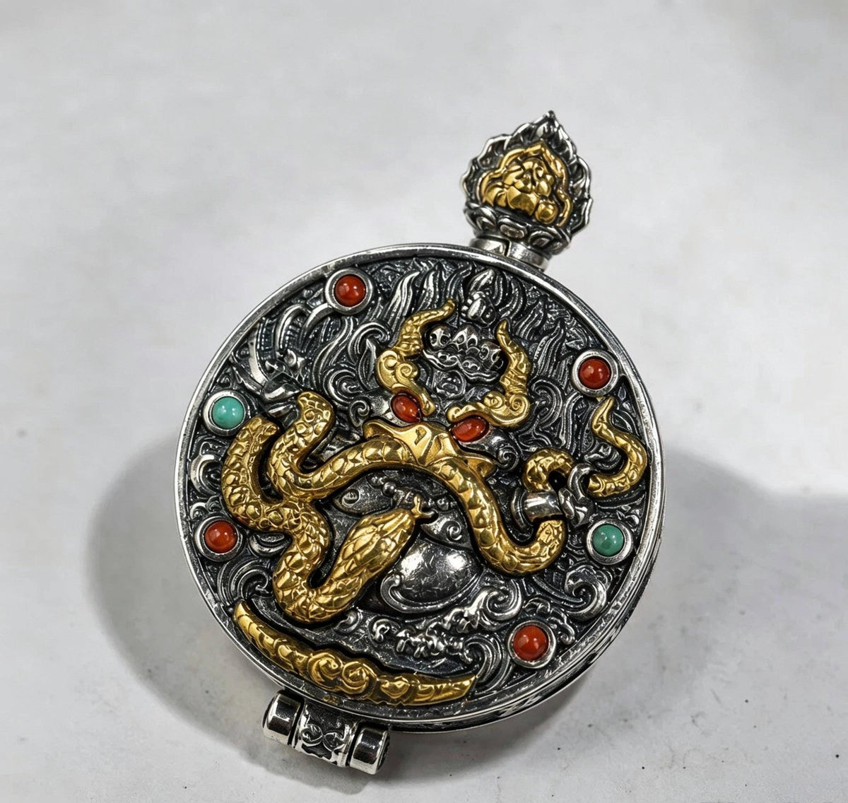 Handcrafted S925 Silver Brass Garuda Gau Box Pendant Openable Locket Turquoise Agate Tibetan Necklace Charm Gift for Him Her