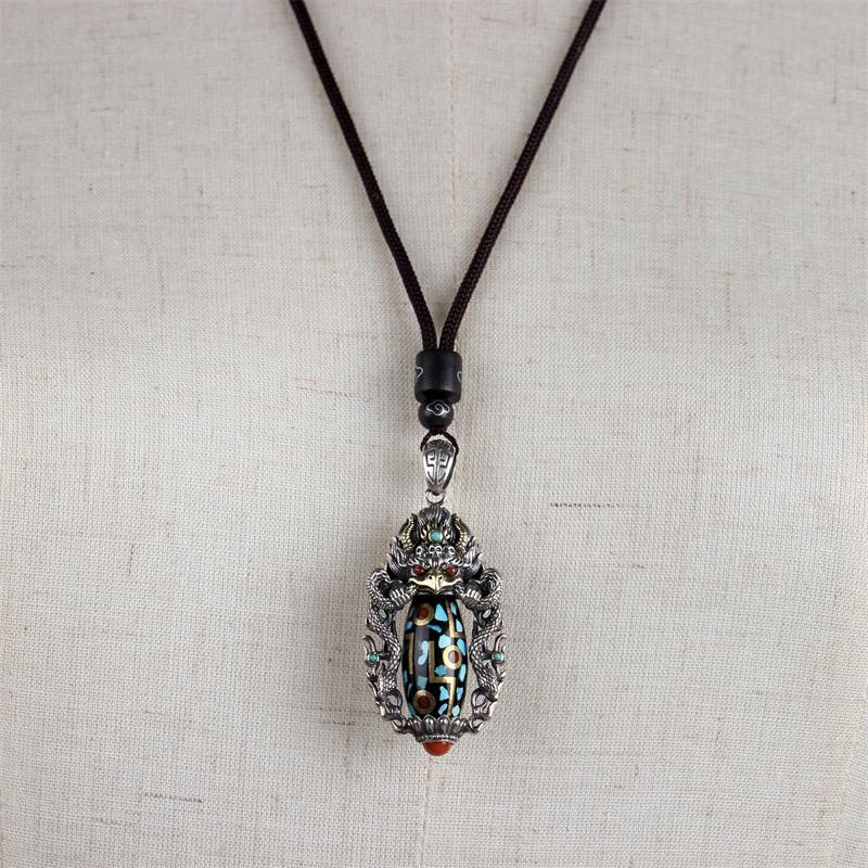 Handcrafted 925 Sterling Silver Garuda Eagle Pendant, Vintage Brass Inlay Dzi Bead Spinning Necklace Charm, Ethnic Jewelry Gift