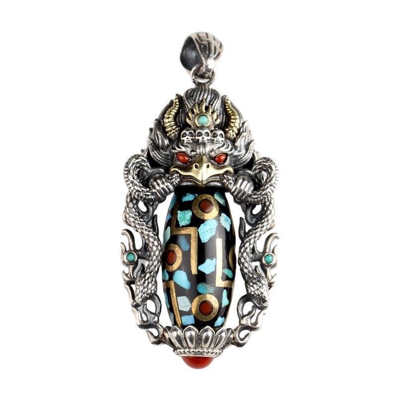 Handcrafted 925 Sterling Silver Garuda Eagle Pendant, Vintage Brass Inlay Dzi Bead Spinning Necklace Charm, Ethnic Jewelry Gift