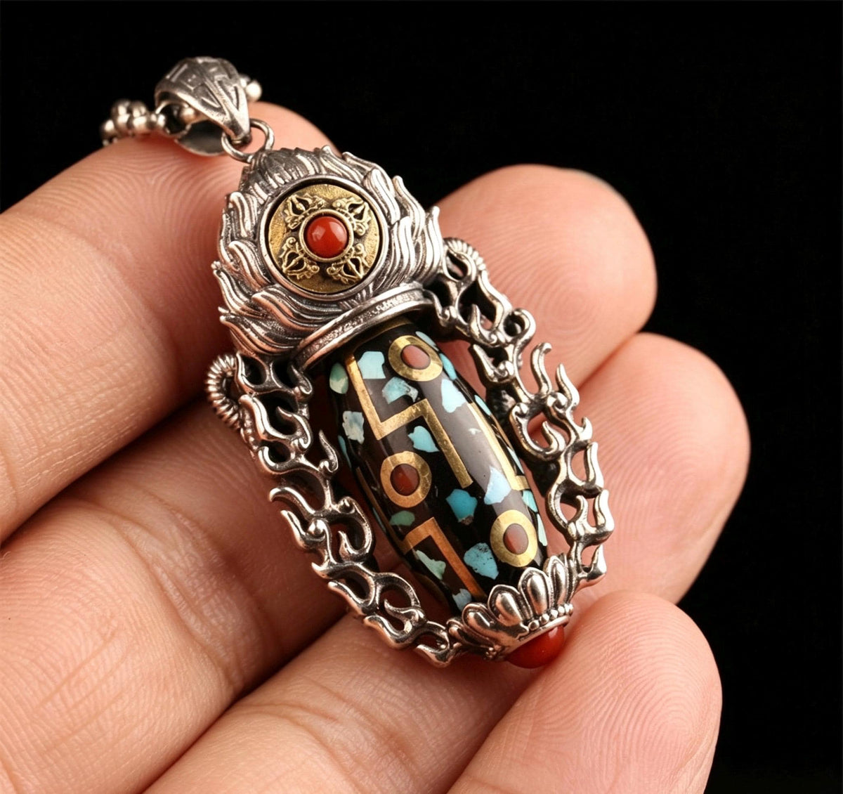 Handcrafted 925 Sterling Silver Garuda Eagle Pendant, Vintage Brass Inlay Dzi Bead Spinning Necklace Charm, Ethnic Jewelry Gift