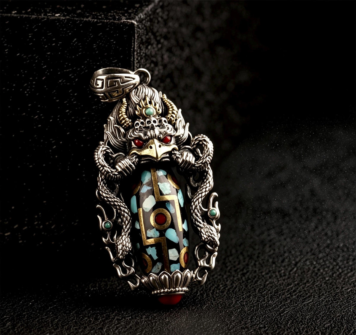 Handcrafted 925 Sterling Silver Garuda Eagle Pendant, Vintage Brass Inlay Dzi Bead Spinning Necklace Charm, Ethnic Jewelry Gift