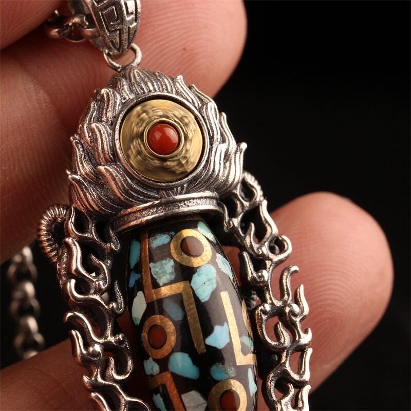 Handcrafted 925 Sterling Silver Garuda Eagle Pendant, Vintage Brass Inlay Dzi Bead Spinning Necklace Charm, Ethnic Jewelry Gift