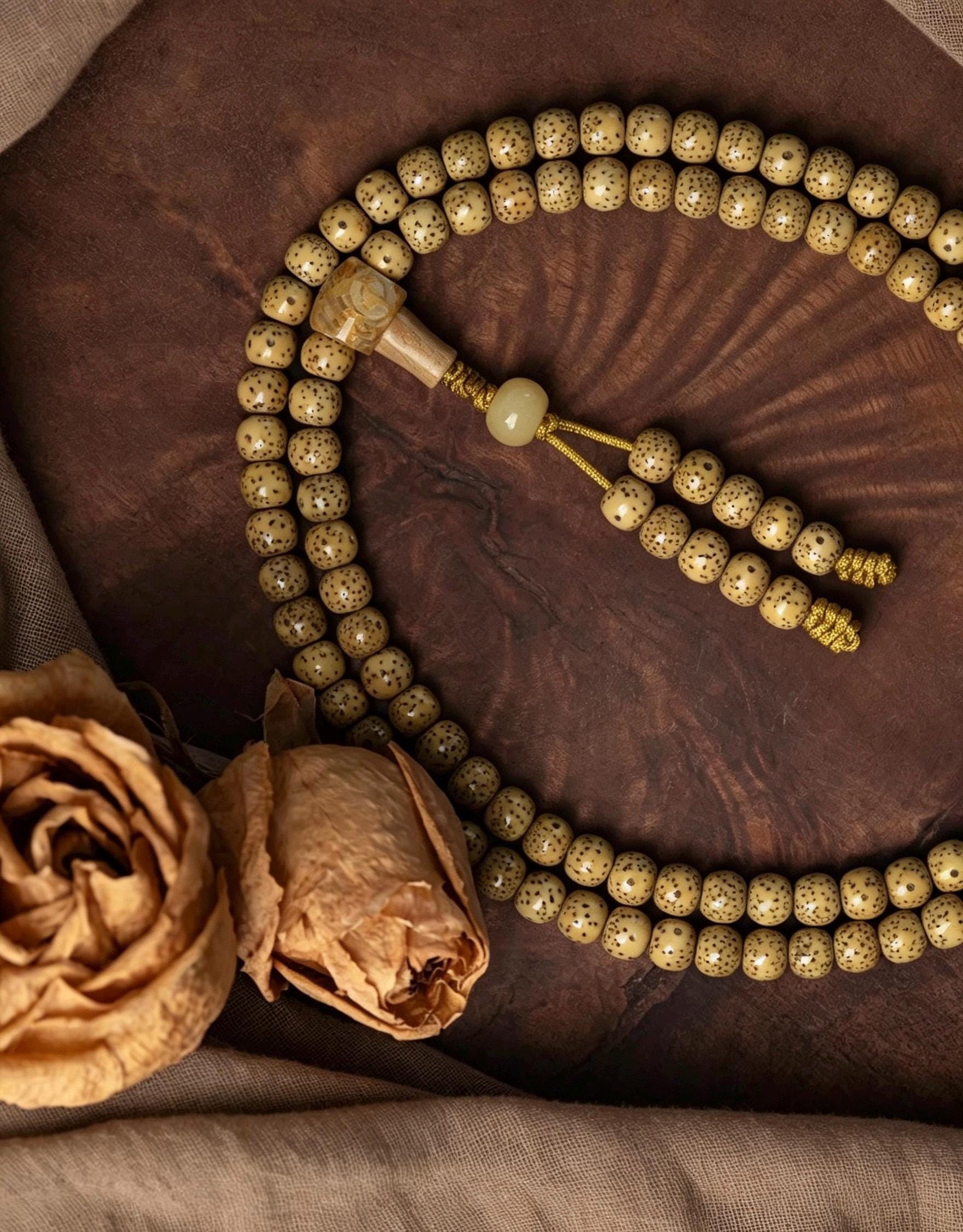 Natural Aged Hainan Star Moon Bodhi Seed 108 Mala Beads, Rare Camel Bone Pendant Buddhist Prayer Rosary, Meditation Necklace Gift