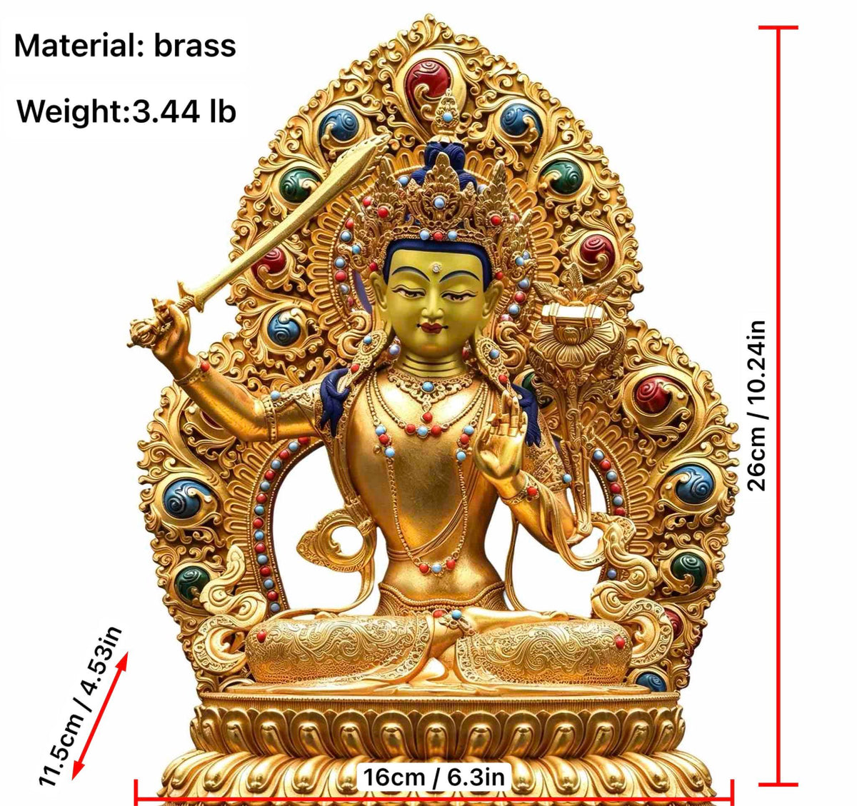 Tibetan Gilt Copper Manjushri Buddha Statue, Handcrafted Brass Manjushri Bodhisattva with Aureole, Tantric Shrine Sculpture Altar Decor