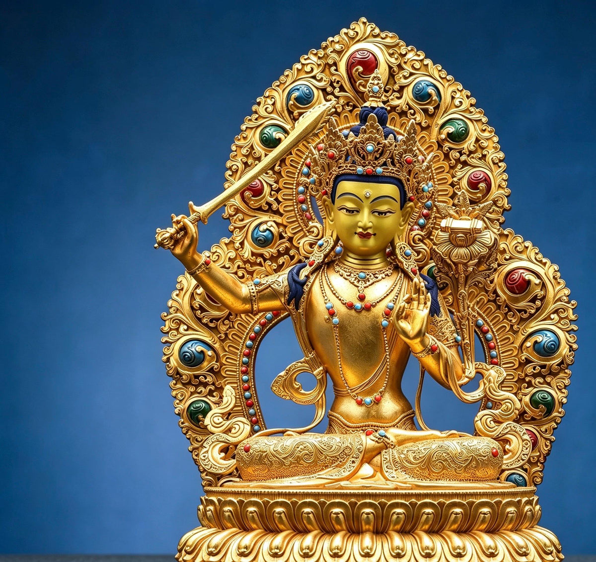 Tibetan Gilt Copper Manjushri Buddha Statue, Handcrafted Brass Manjushri Bodhisattva with Aureole, Tantric Shrine Sculpture Altar Decor