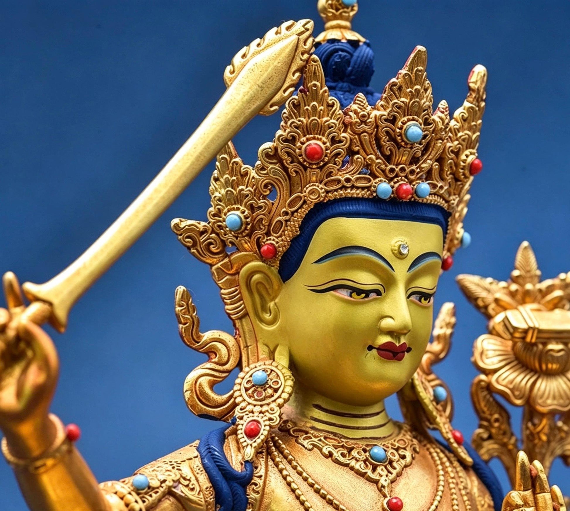 Tibetan Gilt Copper Manjushri Buddha Statue, Handcrafted Brass Manjushri Bodhisattva with Aureole, Tantric Shrine Sculpture Altar Decor