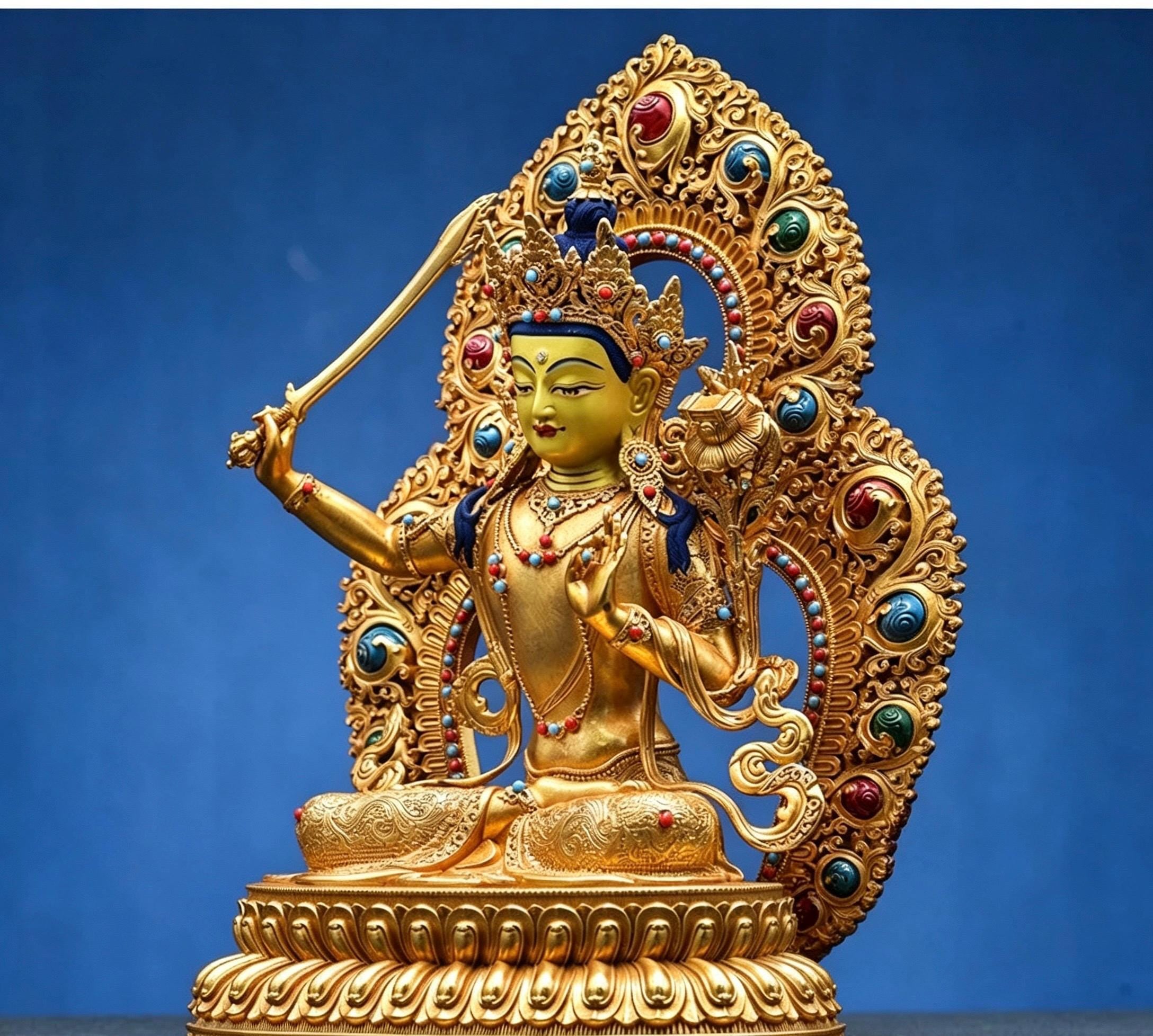 Tibetan Gilt Copper Manjushri Buddha Statue, Handcrafted Brass Manjushri Bodhisattva with Aureole, Tantric Shrine Sculpture Altar Decor