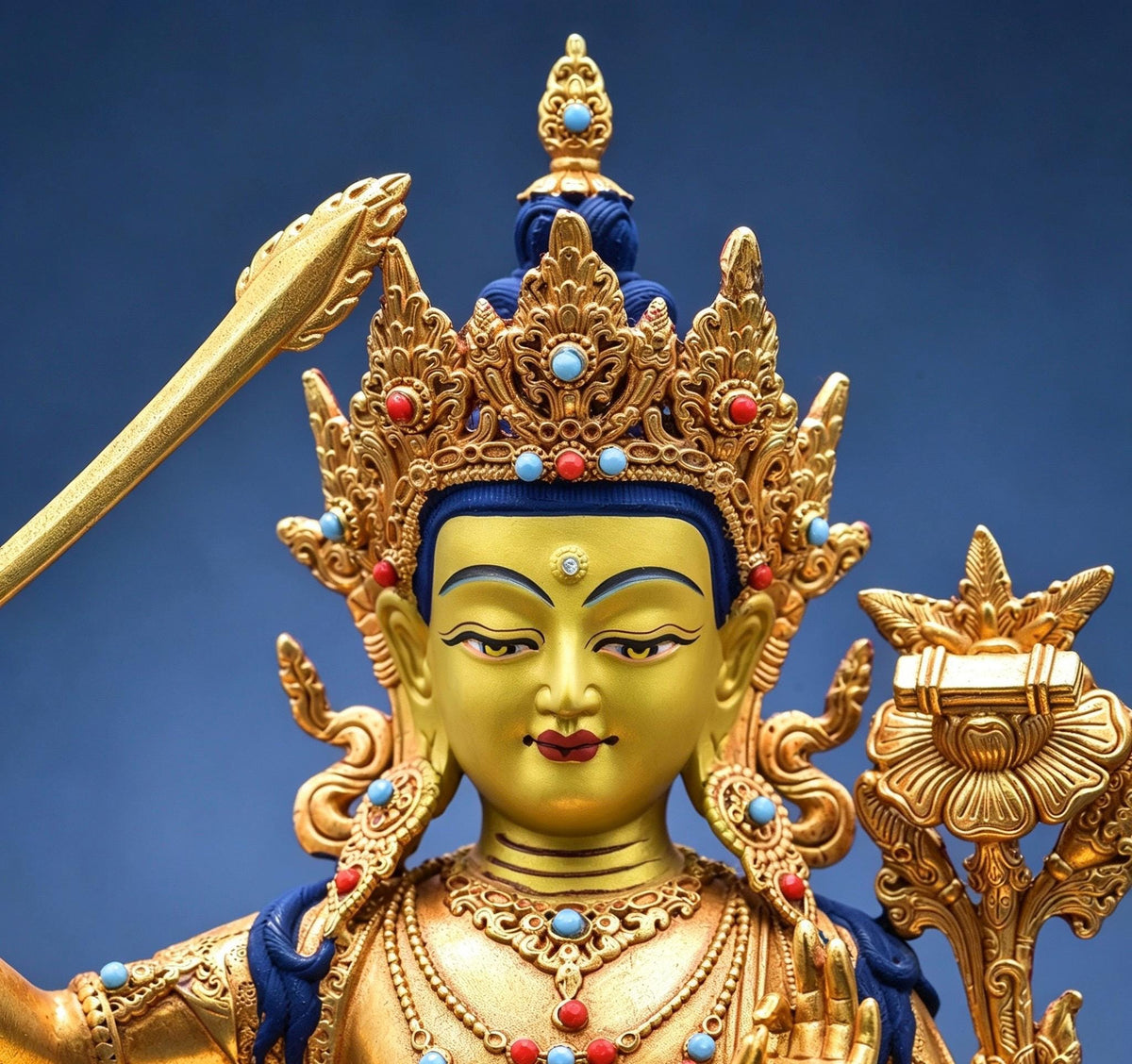 Tibetan Gilt Copper Manjushri Buddha Statue, Handcrafted Brass Manjushri Bodhisattva with Aureole, Tantric Shrine Sculpture Altar Decor