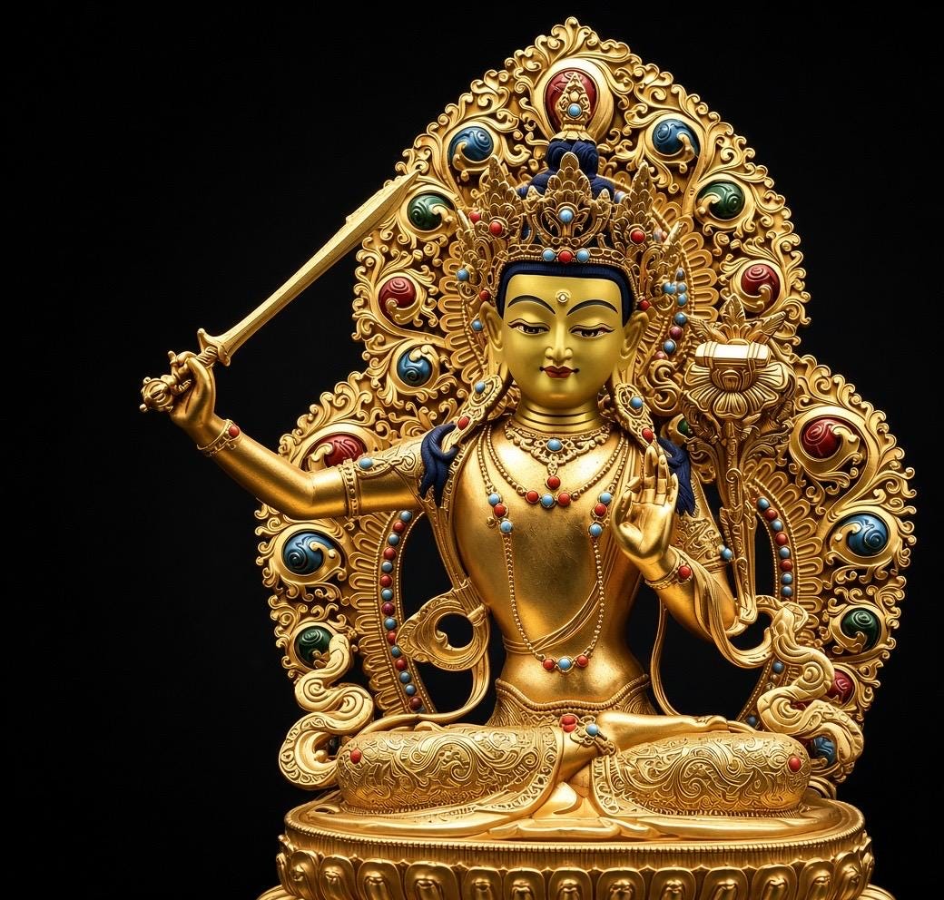 Tibetan Gilt Copper Manjushri Buddha Statue, Handcrafted Brass Manjushri Bodhisattva with Aureole, Tantric Shrine Sculpture Altar Decor