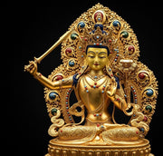 Tibetan Gilt Copper Manjushri Buddha Statue, Handcrafted Brass Manjushri Bodhisattva with Aureole, Tantric Shrine Sculpture Altar Decor