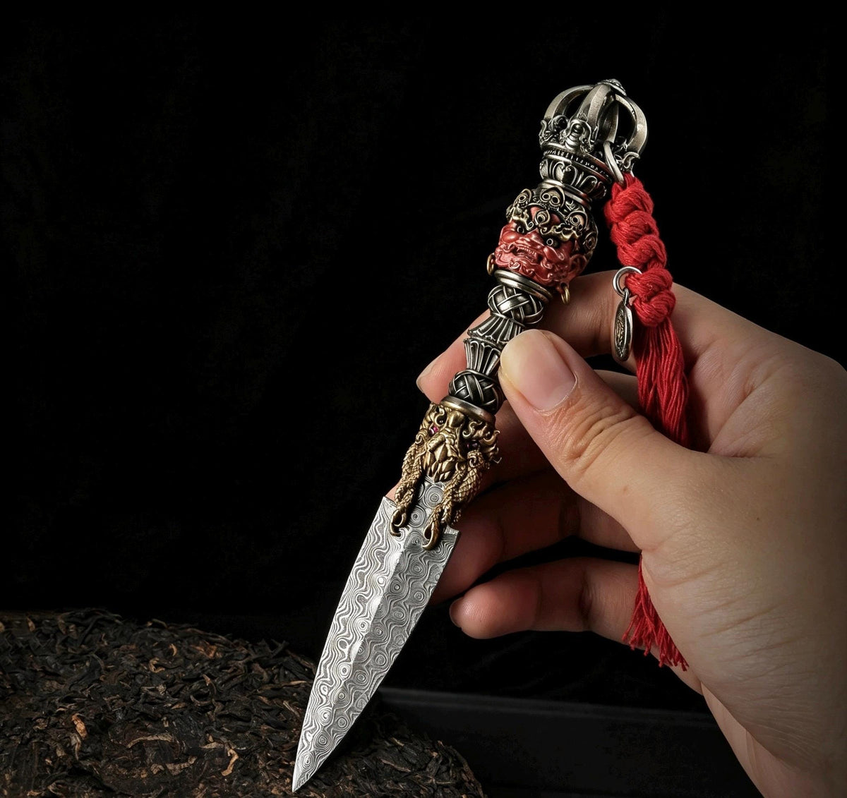 Handcrafted Damascus Steel Tea Knife Brass Mahakala Phurba Tea Pick, Puerh Tea Needle Tool Asian Tea Ceremony Accessories Gift for Him
