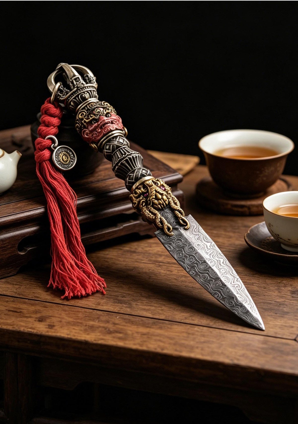 Handcrafted Damascus Steel Tea Knife Brass Mahakala Phurba Tea Pick, Puerh Tea Needle Tool Asian Tea Ceremony Accessories Gift for Him
