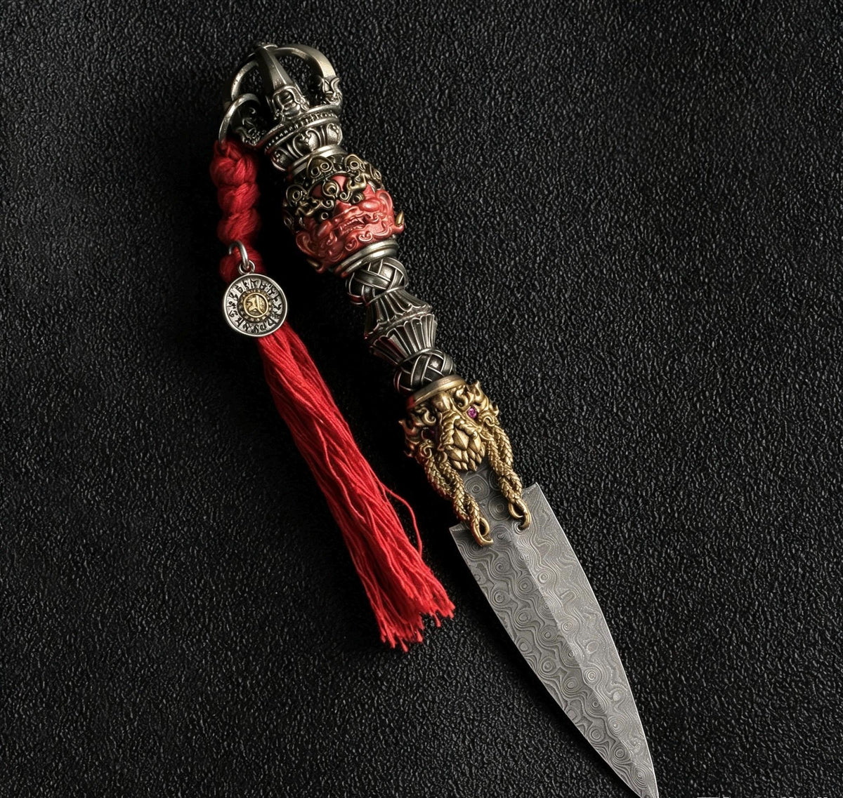 Handcrafted Damascus Steel Tea Knife Brass Mahakala Phurba Tea Pick, Puerh Tea Needle Tool Asian Tea Ceremony Accessories Gift for Him