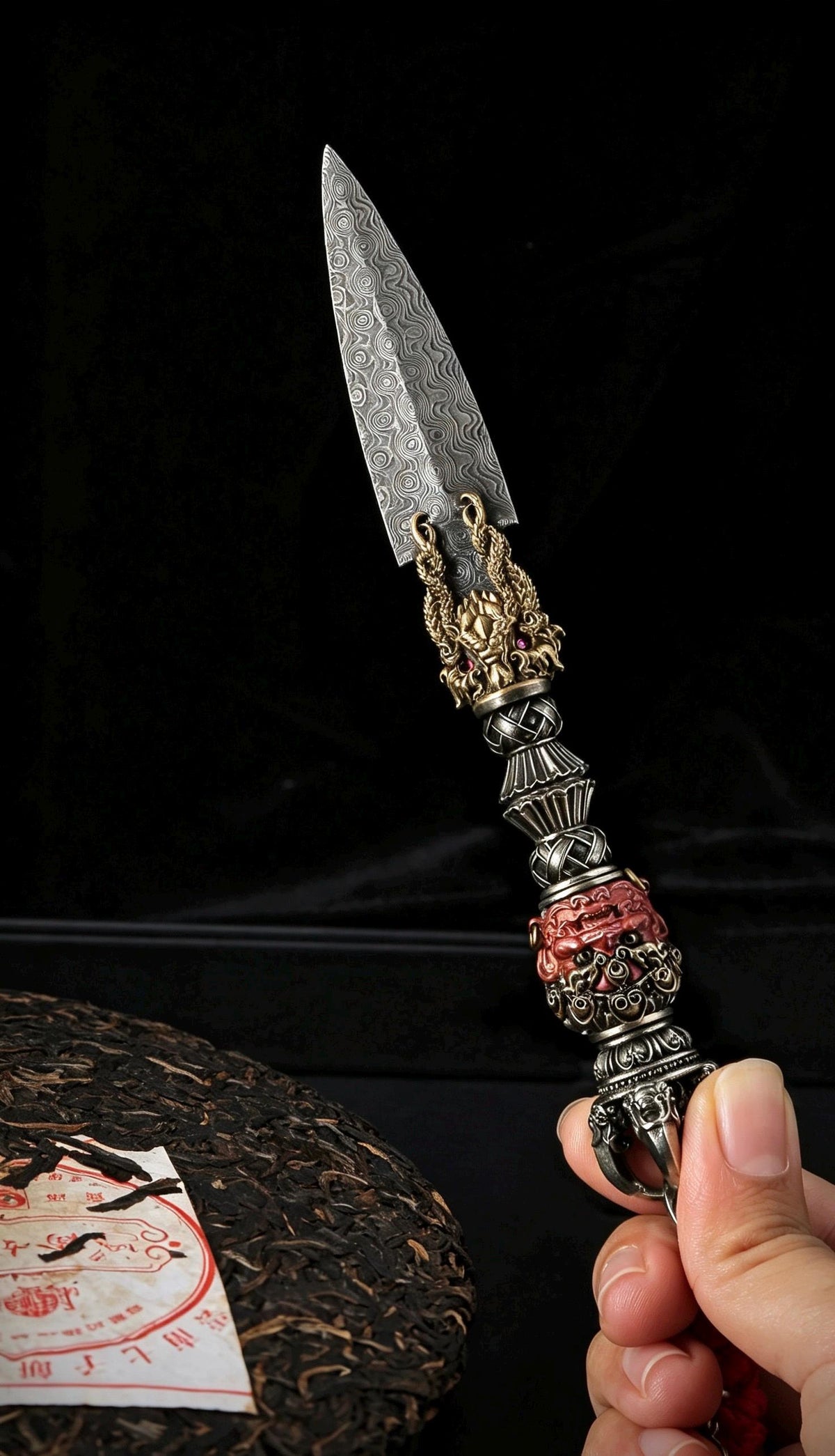 Handcrafted Damascus Steel Tea Knife Brass Mahakala Phurba Tea Pick, Puerh Tea Needle Tool Asian Tea Ceremony Accessories Gift for Him