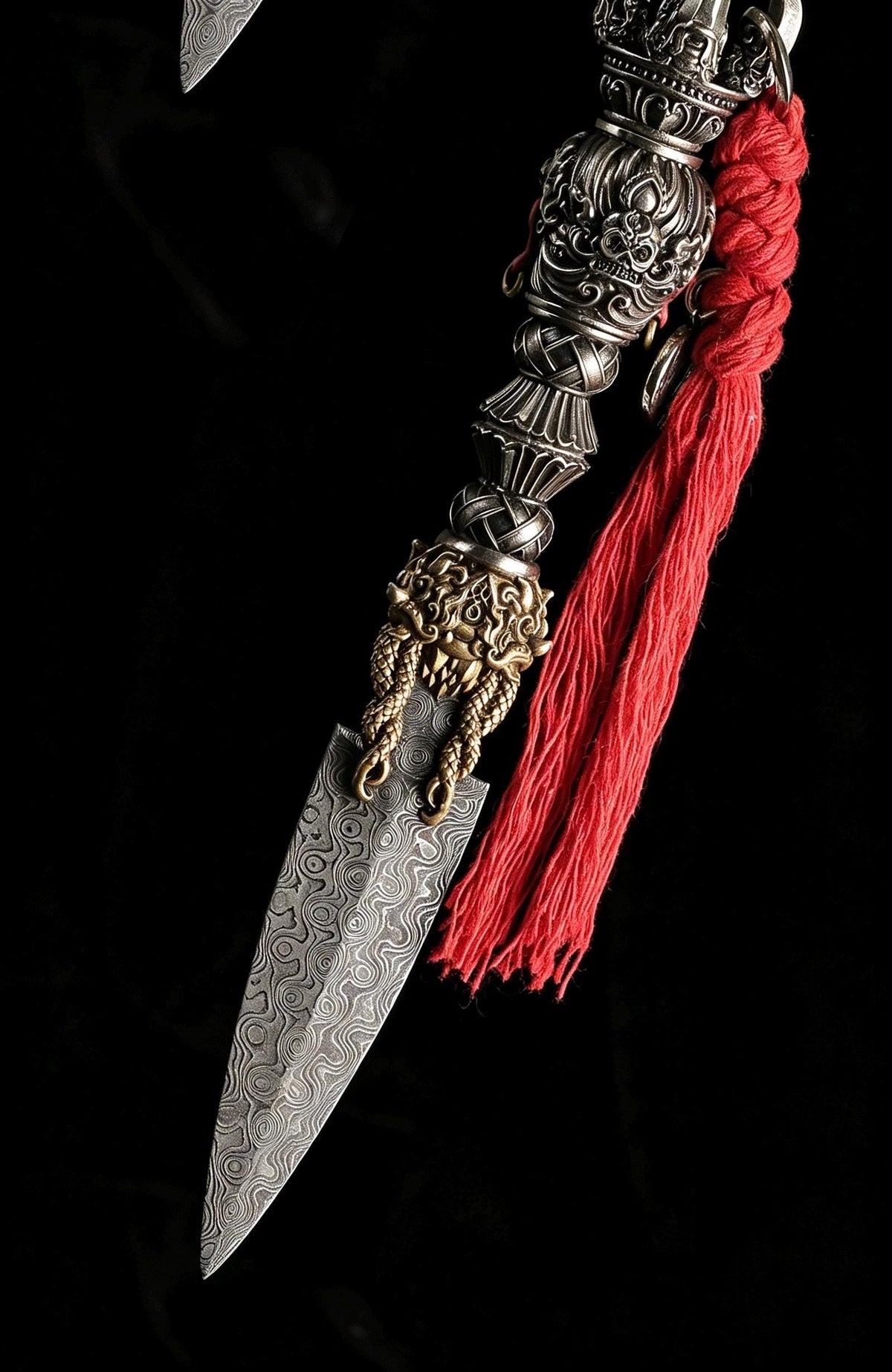 Handcrafted Damascus Steel Tea Knife Brass Mahakala Phurba Tea Pick, Puerh Tea Needle Tool Asian Tea Ceremony Accessories Gift for Him