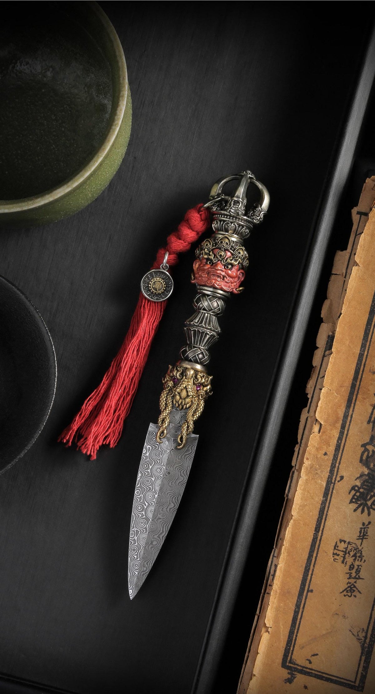 Handcrafted Damascus Steel Tea Knife Brass Mahakala Phurba Tea Pick, Puerh Tea Needle Tool Asian Tea Ceremony Accessories Gift for Him