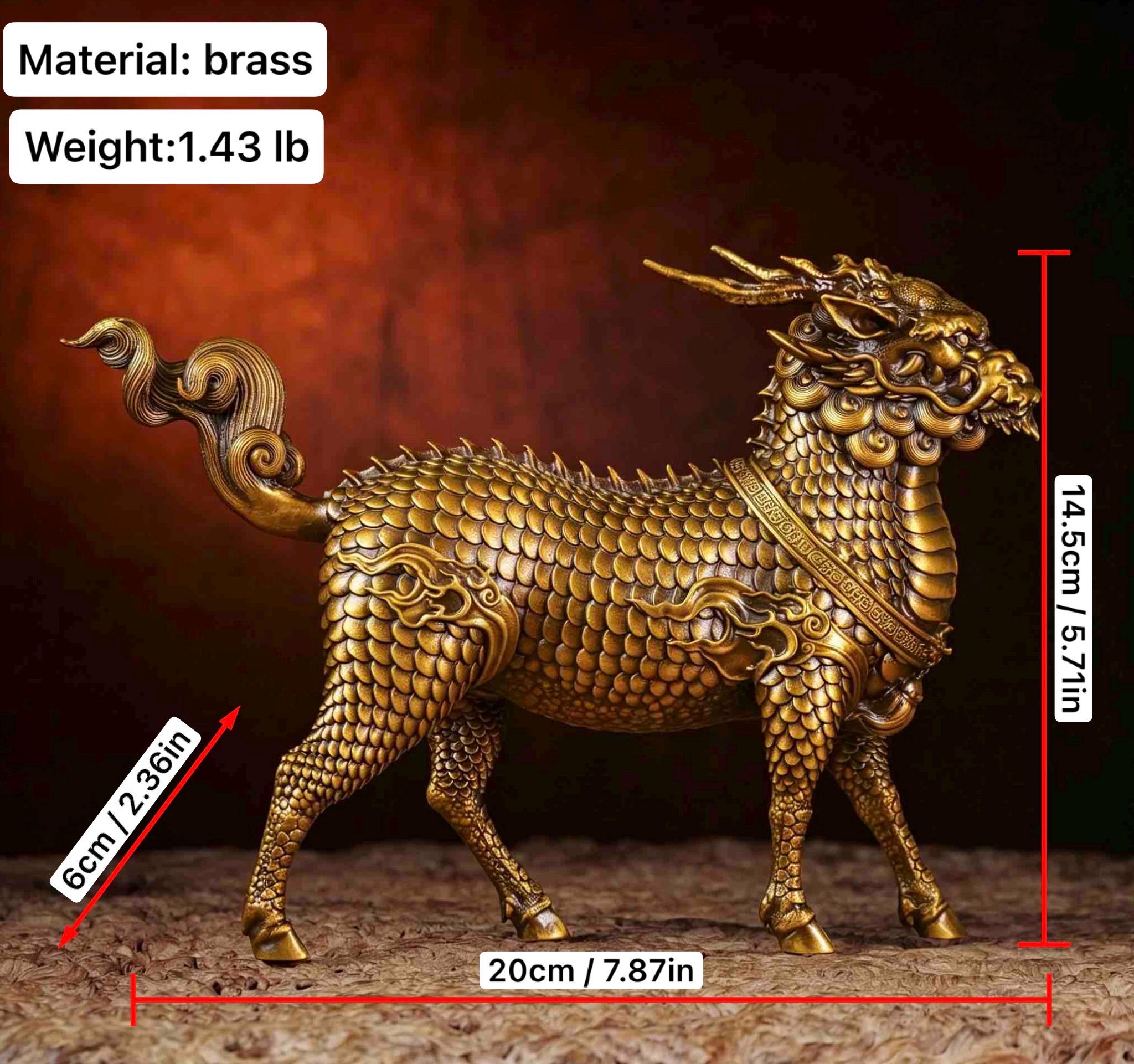 Brass Kylin Statue, Handcrafted Chinese Qilin Sculpture, Feng Shui Mythical Beast Figurine, Office Desk Decor Housewarming Business Gift
