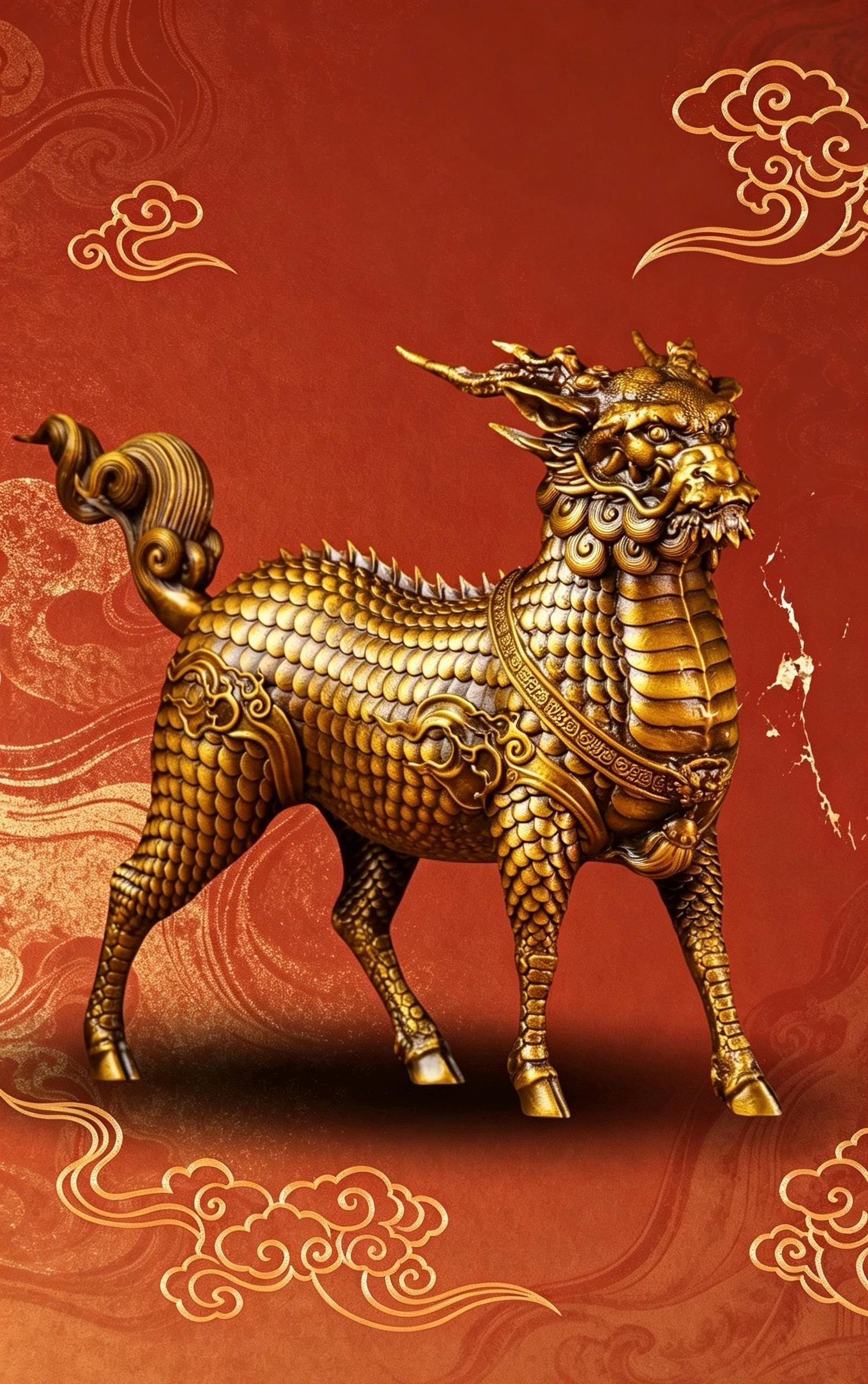 Brass Kylin Statue, Handcrafted Chinese Qilin Sculpture, Feng Shui Mythical Beast Figurine, Office Desk Decor Housewarming Business Gift