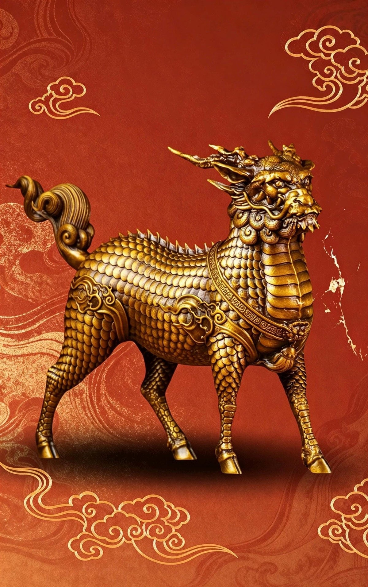 Brass Kylin Statue, Handcrafted Chinese Qilin Sculpture, Feng Shui Mythical Beast Figurine, Office Desk Decor Housewarming Business Gift